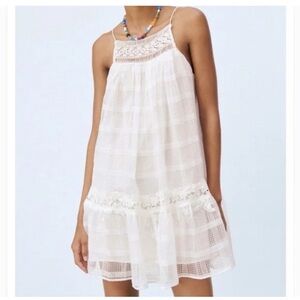Zara Women's Off White Babydoll Tiered Lace Mini Dress NWT M #1071